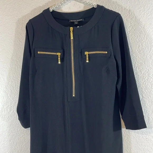 BOSTON PROPER Black Knit Dress Gold Zippers Size Medium - Picture 2 of 8